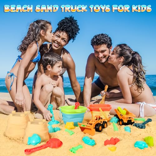 Beach Sand Toys for Kids, 29PCS Travel Beach Essentials for Toddler 3-10 | Sandbox Toys with 2 Collapsible Bucket Sand, 2 Dump Truck, Dinosaur Molds, Castle Building Kit, Shovel Sieve,Flags,Mesh Bag