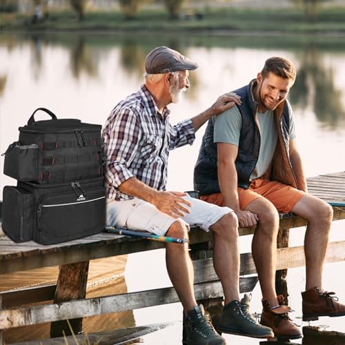 MATEIN Fishing Backpack, Tackle Storage Bag with Rod Holders & Cooler | Water Resistant Fishing Bag Fits 4 3600 Trays, Large Wide Open Tackle Box Backpack, Gifts for Fishermen - color: Black