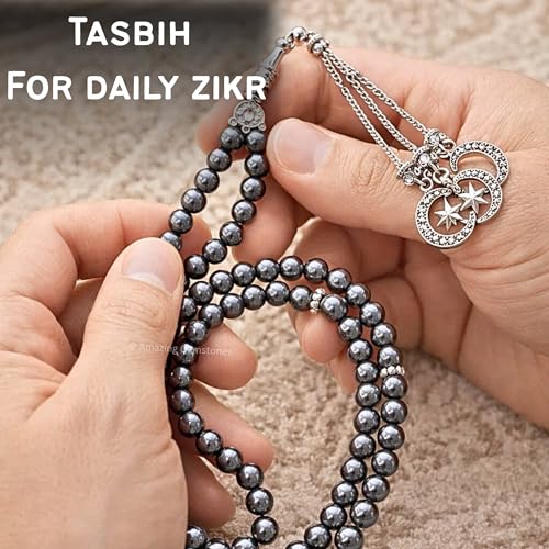 Amazing Gemstone Hematite Tasbeeh with Moon and Star Charm - Certified Crystal Muslim Prayer Beads Natural Gemstone Tasbih Gift for Ramadan Dhikr and Daily Namaz (S) - color: Hematite