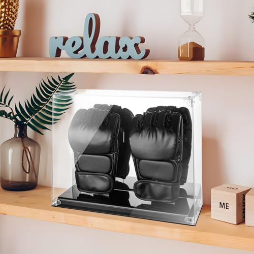 MMA Glove Display Case with Mirror Back, 2 Glove Holder, Acrylic Kickboxing Sparring Glove Half Finger Boxing Glove Display Case with Solid Base Stand, Watch The Video to Assemble