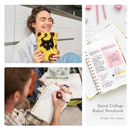Lined Spiral Journal Notebook, A5 College Ruled Spiral Notebook for Women, Hardcover with Elegant Design for Work and Note-Taking, 5.5 * 8.25 inch, 160 Pages, Sunflower Cat - color: Sunflower