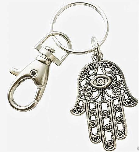 Silver Hamsa Keychain-Hamsa Keychain, Double Eye Hand Keychain Charm Choker Keychain. Choker. Hamsa, Buddha, Crescent Moon