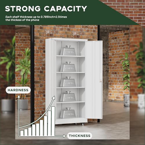 Greenvelly 73" Metal Storage Cabinet with Wheel, Lockable White Metal Garage Cabinets with 2 Doors and 4 Adjustable Shelves, Rolling Steel Tool Cabinet for Garage, Home Office, School - color: White, style: 73"H-Wheels
