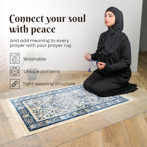Velvet Muslim Prayer Rug Set with 99 Beads - Blue - color: Blue