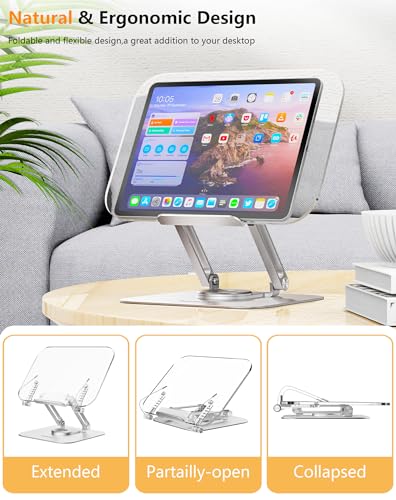 ACIsland Acrylic Book Stand for Reading-Adjustable Holder with 360° Rotating Base & Page Clips- Foldable Desktop Ricer for displaying Cookbook-Sheet Music-Laptop-Recipe-Textbook-Hands Free-Aluminium