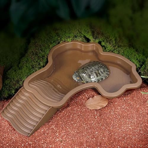Extra Large Reptile Bathing Pool Reptile Feeding Dish Water Bowl with Ramp Aquarium Ornament for Gecko, Snake, Turtle, Bearded Dragon, Lizard Bath (Brown Yellow) - color: Brown Yellow