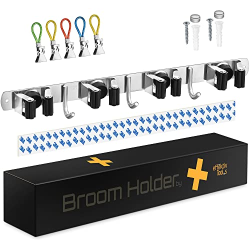2 Pack Wall Mount Hanger for Brooms & Mops - Adhesive Stainless Steel Mop Hanger for Wall, 4 Clamps, 3 Hooks, 10 Towel Hanger Clips Including Mounting Hardware for Tools Organization - style: 2-Pack