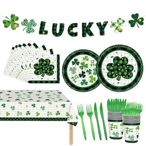 98PCS St Patrick's Day Party Supplies Green Irish Shamrock Tableware Set Lucky Shamrock Birthday Party Supplies St Patrick's Day Party Decorations Irish Shamrock Paper Plates and Napkins for 16 Guests - style: St. Patrick's Day