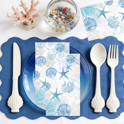 Rakuto Coastal Beach Disposable Paper Napkins, 100PCS Beach Nautical Theme Dinner Hand Napkin, Sea Blue Bathroom Disposable Hand Towels for Home Kitchen Bathroom Holiday - style: Coastal Beach