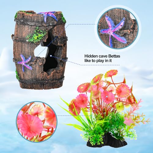 CousDUoBe Fish Broken Barrel Decor Fish Tank Decorations Betta Fish Tank Accessories,Starfish Barrel x 1pc, Aquarium Plants x 8pcs - size: 9 Pcs