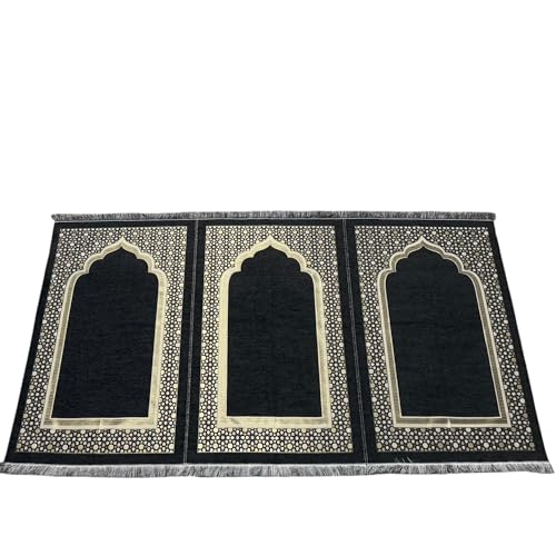 Modefa Turkish Islamic Prayer Mat - Wide Chenille Praying Mat - Multi Person Muslim Janamaz Sajada for Family - Large Gathering & Group Praying Carpet - Selcuk Star 3 Person (Black) - color: Black