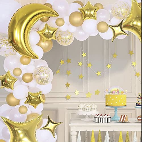 50Pcs 10 Inch Gold Star Foil Balloons Gold Star Shape Mylar Balloon Kit with 60Pcs Balloon Glue Point and 5Pcs Straws for Birthday Baby Shower Engagement Anniversary Wedding Party Decoration - style: Golden Four Point Star Balloons