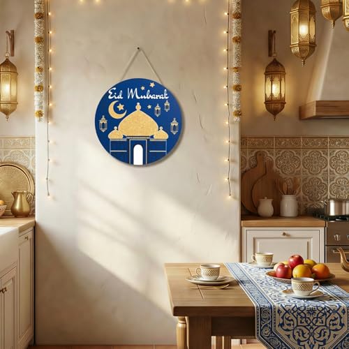 Smile Wooden Ramadan Wooden Decorations Eid Mubarak, Farmhouse Hanging Door Decor for Holiday Home Accent - style: Eid