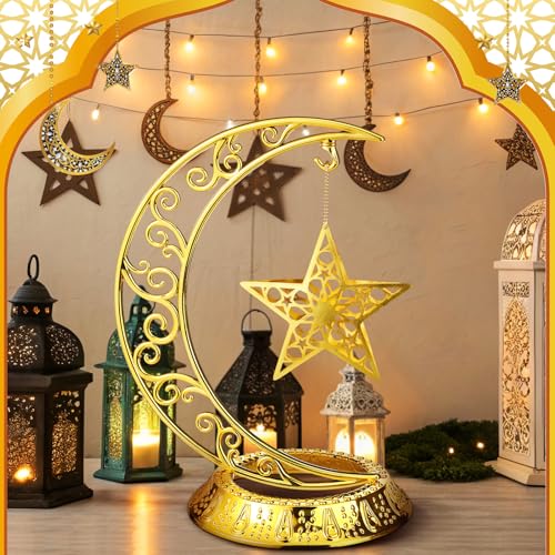 MorningRo Ramadan Decorations Plastic Eid Mubarak Table Decoration Moon Hollow Star Centerpiece Gold Ramadan Mubarak Ornament Kareem Table Signs for Home Decor Islamic Muslim Gifts - style: Classic