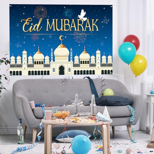 Eid Mubarak Backdrop Banner Decor - 6x4 ft Happy Eid Ramadan Mubarak Photography Background Poster - Islamic Festival Ramadan Holiday Party Photography Prop Booth Decorations