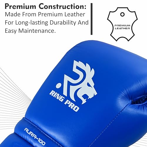 Aura 100 Full Grain Leather Lace Up Boxing Gloves for Men & Women – Professional Training, Sparring, Competition, Muay Thai, Kickboxing & Heavy Bag Gloves - color: Blue, size: 10 OZ