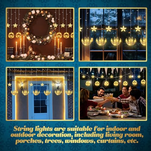 Riakrum 2 Pack Eid Mubarak Fairy Curtain Lights 9.84 ft Star Moon Castle Lights LED Window Star Lights for Ramadan Home Decoration Gifts Wedding Christmas Eid Party Indoor Holiday
