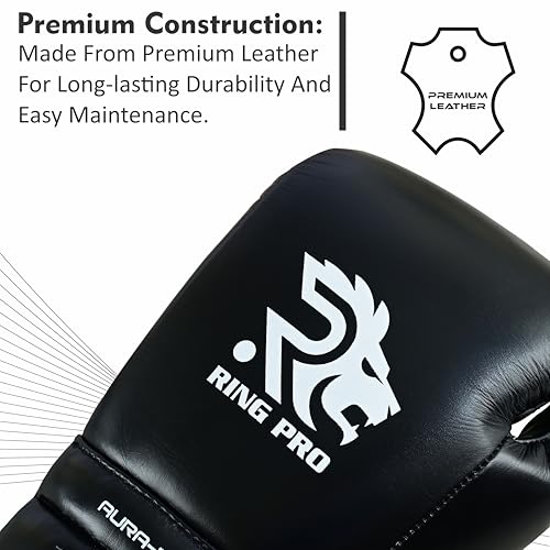 Aura 100 Full Grain Leather Lace Up Boxing Gloves for Men & Women – Professional Training, Sparring, Competition, Muay Thai, Kickboxing & Heavy Bag Gloves - color: Black, size: 12 OZ