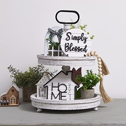 Houmury Rustic Farmhouse Tiered Tray Set with Succulent & Plant - Home Decor for Kitchens (Set of 8 Without Trays)