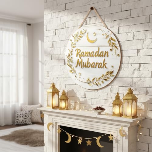 Ramadan Wreath for Front Door - Islamic Ramadan Mubarak Wooden Hanging Sign Ramadan Door Decoration Eid Mubarak Moon Stars Leafy Vine Branches Pattern Outdoor Home Wall Window Decor Gifts