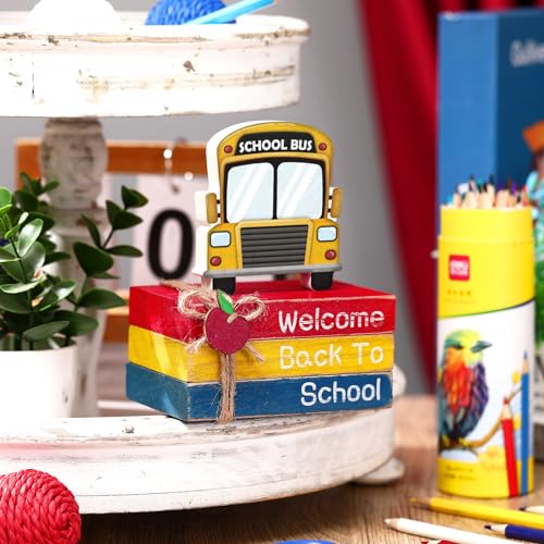 4 Pcs Back to School Table Decorations School Bus Office Decor First Day of Schooltiered Tray Decorations Decorative Mini Wooden Books Bus Signs for Office Shelf Classroom Tabletop Bookshelf - style: Bus
