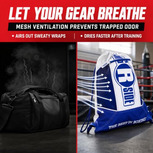 Ringside Boxing Glove Cinch Sack - Lightweight Gym Bag, Blue/White | Durable 15"x19" nylon drawstring bag with a zippered front pocket. Perfect for boxing gloves, shoes, and MMA workout gear - color: Blue/White