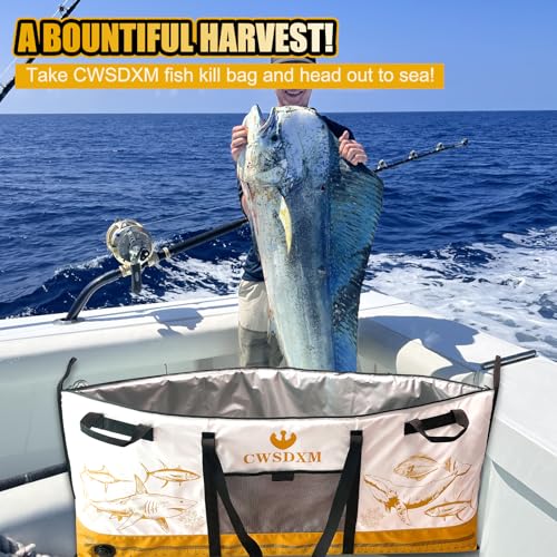 Insulated Fish Cooler Bag, 60'' Waterproof Leakproof Fishing Kill Bag with Drain Valve, Zipper and Heavy Duty PVC Marine Cooler for Boat Kayak Offshore Fishing, Keeps Fish Fresh Up to 48H - color: Orange+White