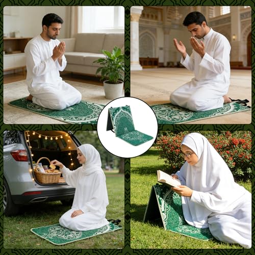 Foldable Thick Prayer Rug with Back Support, Portable Prayer Mat Set Green | 36x78cm Islamic Prayer Mat, Includes Kufi Hat & 99 Beads Tasbih, Meditation Rug for Muslim, Ramadan Gift Set - color: Green