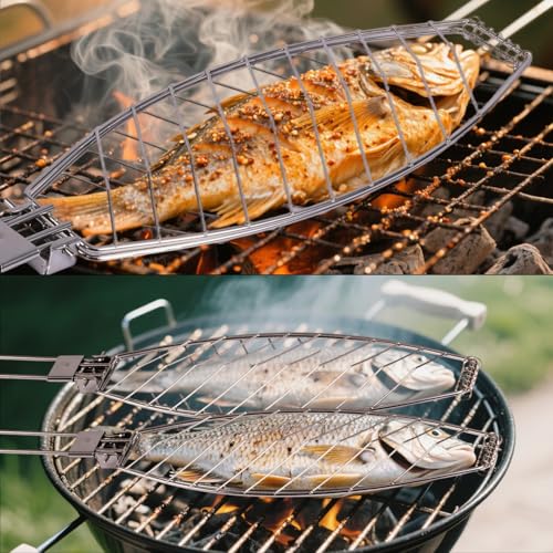 Fish Grill Basket, Iron Foldable Basket with Wooden Handle Non-Stick Grilling Rack Outdoor Cooking Tools Accessories Ideal for Any Fish Barbecue