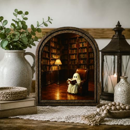 Ghost Library Arched Table Sign, Rustic Farmhouse Shelf Decor - color: Ghost Reading Library
