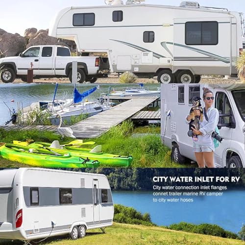 RV City Water Inlet With Check Valve, 3/4 NH Female to 1/2 NPT Male Flange Fresh Water Replacement, Dust Plug for Camper Motorhome, White