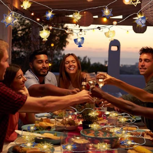 Glooglitter 2 Pcs 10ft Hanukkah String Lights Indoor Decor Battery Powered Lights String for Chanukah Ramadan 4th of July Bedroom Window Party(Hexagon)