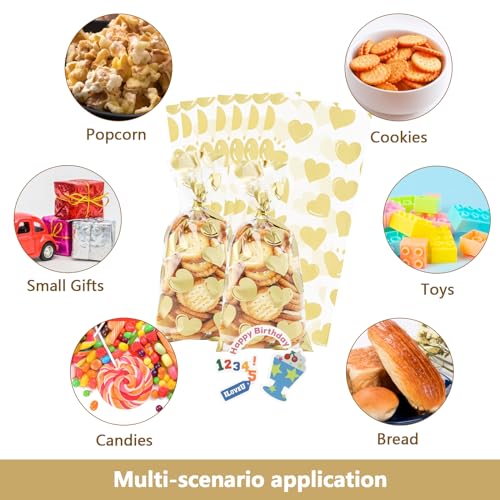 COQOFA 100 Pcs Gold Heart Cello Cellophane Treat Bags - Clear Candy Cookie Bags with Twist Ties for Baby Shower, Valentine, Wedding, Birthday - color: Gold Heart, size: 4x9 in