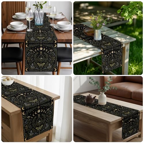 Whimsical Lunar Table Runner Butterfly Floral Moonphases Quartzcrystals Black 13x60 Inches Long Cotton Linen Table Runner Burlap Style for Dinner Table Party Decor Tabletop Decorations - size: 13" x 60"