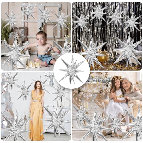 6 Pcs Silver Star Foil Balloons One-Piece 14-Pointed Star Balloon 4D Starburst Cone Mylar Balloon 22inch Christmas Birthday Wedding Wedding Anniversary Party Supplies (22&27 Inches Silver) - color: 22&27 Inches Silver