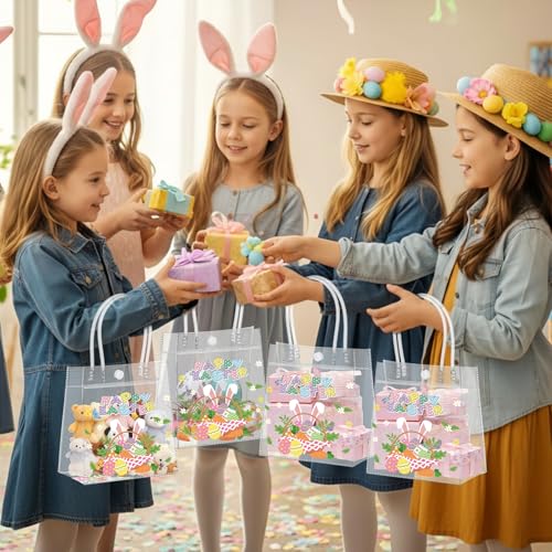 Aliceset 24 Pcs Happy Easter Gift Bags Bulk - Colorful Easter Clear PVC Gift Bags with Handle Reusable Eggs Bunny Goodie Candy Tote for Egg Hunt Party Supplies (Rabbit, 6.31"x 5.91"x 3.15") - style: Bunny Ear