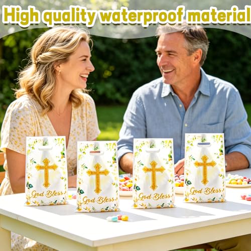 LERCTH 30 PCS God Bless Gift Bags, 6.5x9.8inches Cross & Floral Design Plastic Treat Bags with Handles, Religious Party Favor Bags for Baptism, First Communion, Confirmation & Christian Celebration Supplies - color: God bless gift bags 30 packs
