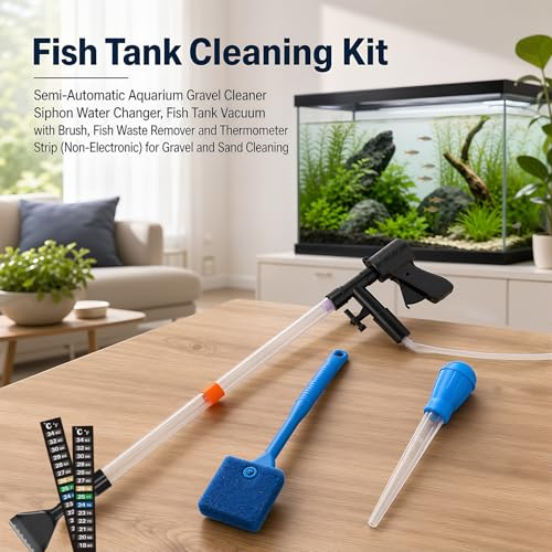 Aquarium Gravel Cleaner Kit, Semi-Automatic Siphon for Fish Tanks | Gravel & Sand Compatible Removes Fish Waste & Debris Water Change Made Easy Cleaning Brush Thermometer Strip Included