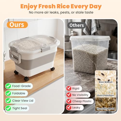 30 Lbs Rice Container, Collapsible Dog Food Storage Container | Airtight Cat Food Container with Wheels, Transparent Lid, Measuring Cup, Scoop and Handle, BPA Free for Pet Food, Bird Seed - size: 30lbs