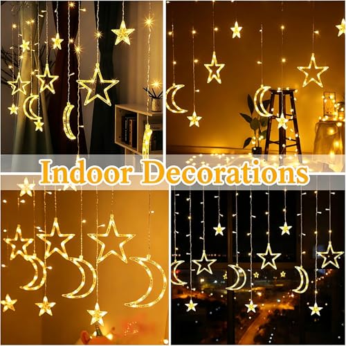 Star Moon Curtain Lights 11.5ft Remote Control LED Fairy Light Strings, 8 Flashing Modes Waterproof Decorative Lights for Garden, Christmas, Wedding, Party, Bedroom Decorations(Warm White)