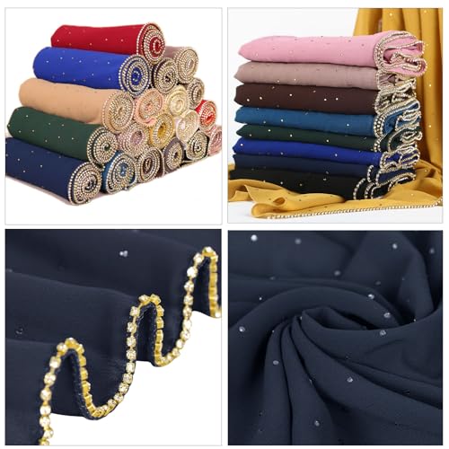 Hijab Scarf for Women Soft Chiffon Rhinestone Long Scarf Shawl Fashion Muslim Hijab Head Wrap Scarves - color: Navy