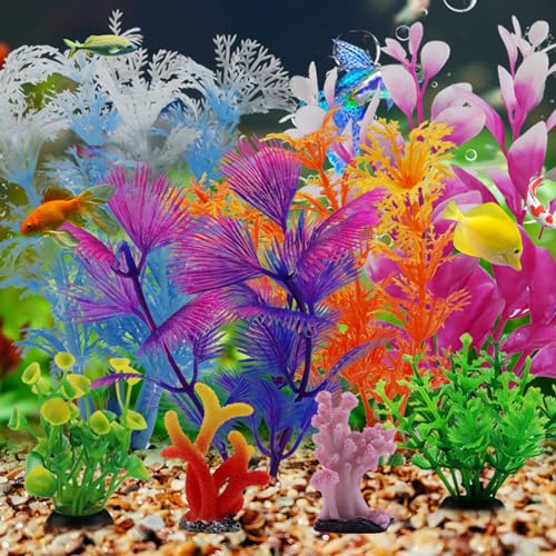 QUOZUO Fish Tank Decorations Plants with Resin Coral, 8 pcs Aquarium Decorations Small Plants Plastic, Fish Tank Accessories Aquarium Decor