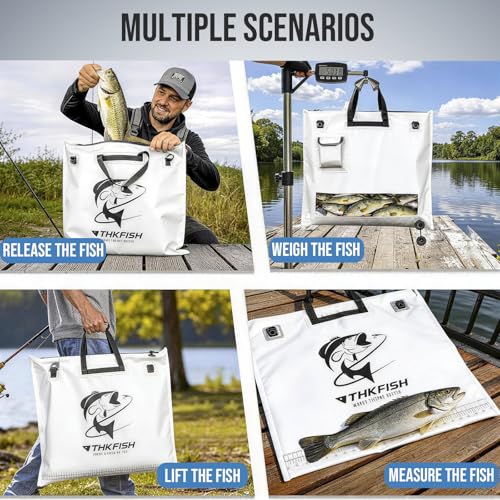 THKFISH Fish Tournament Weigh in Bag for Bass Fishing with Leakproof Zipper | Heavy Duty Live Fish Bags for Caught Fish with Waterproof Zipper and Mesh Liner,Puncture Resistant - color: White-25×23in