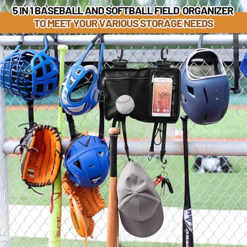 Dugout Organizer 5 in 1 Baseball Softball Gear Hook Hanger with Clips and Hooker for Fence Softball Baseball Gloves, Helmets, Batting Gloves, Balls, Phone, Bat & More