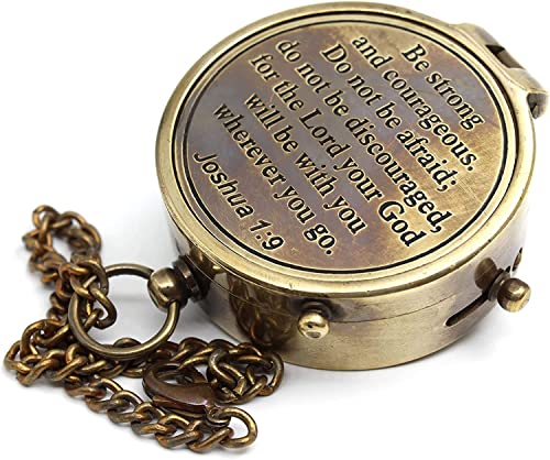 Be Strong and Courageous Engraved Brass Compass - Vintage Brass Compass with Engraved Verse Joshua 1:9 - Pocket Compass with Chain & Wooden Box | Christian Gift for Men, Father, Graduation, Baptism