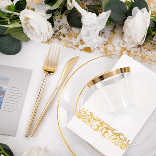 MirthMood 350Pcs Clear and Gold Plastic Dinnerware Set for 50 Guests - color: Clear, size: 350
