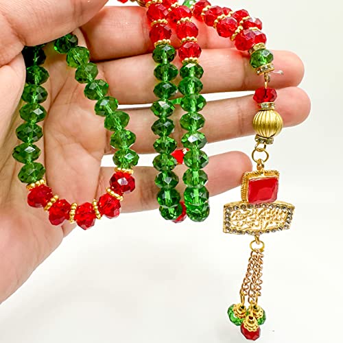 Red and Green Crystal Islamic Prayer Beads, Natural Stone 99 Beads, Tasbih, Misbaha, Tasbeeh, Rosary, Sibha, Tasbih 99, Tasbih