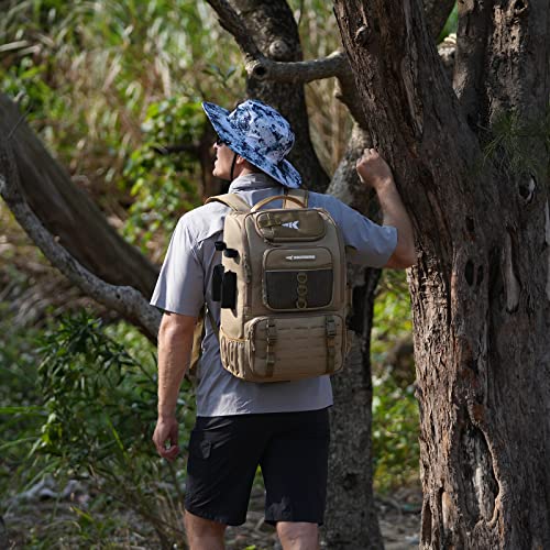 KastKing KarryAll Fishing Backpack with Rod Holder 4 Tackle Boxes, 40/26L | Tackle Bag Storage Fishing Gear and Equipment, Water‑Resistant Material, Fishing Gift for Men - color: B: Large (40 L) - Khaki