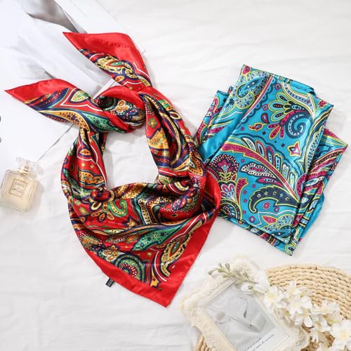 AWAYTR 35” Large Satin Square Head Scarf - 2Pcs Silk Like Floral Head Scarves Square Satin Hair Scarf Bandanas for Women - color: Paisley(blue/Red)