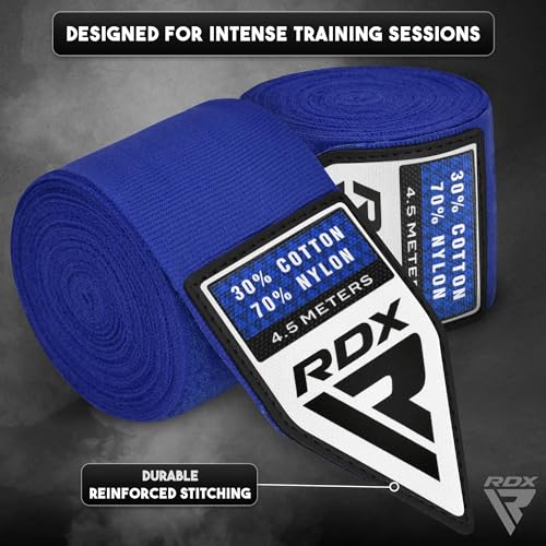 RDX Boxing Hand Wraps 4.5M / 180 Inches – Mexican Style Semi-Elastic MMA Inner Gloves - Wrist Support for Muay Thai, Kickboxing, BJJ, Karate - Thumb Loop & Hook and Loop Closure - Cotton & Nylon Blend - color: Blue